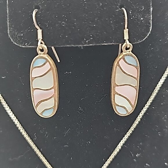 Necklace and Earrings 925 Mother of Pearl Blue Pink White 925 Box Chain 19" - Picture 3 of 9